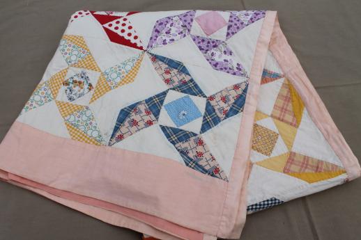 photo of 1930s - 40s vintage pinwheel quilt, cotton feed sack print patchwork quilt #15