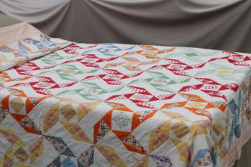 catalog photo of 1930s - 40s vintage pinwheel quilt, cotton feed sack print patchwork quilt