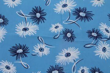 catalog photo of 1930s 40s vintage rayon crepe fabric, navy & white daisy floral on blue