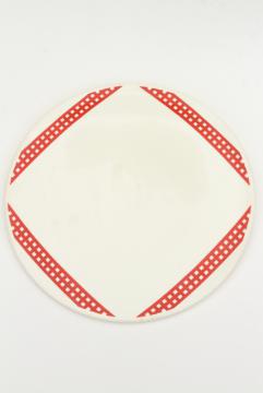 catalog photo of 1930s 40s vintage red checked gingham china cake plate, round serving tray or platter