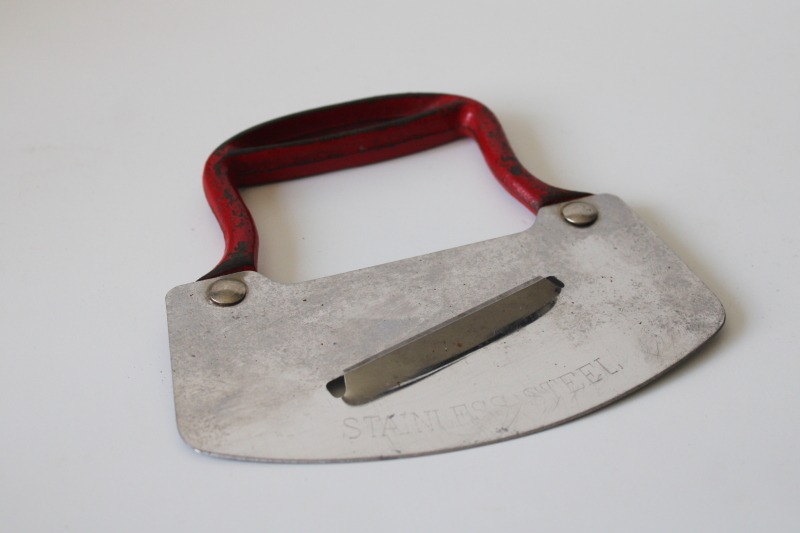 photo of 1930s 40s vintage rocking knife food chopper slicer, single stainless steel blade w/ red cast iron handle  #1