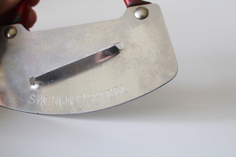photo of 1930s 40s vintage rocking knife food chopper slicer, single stainless steel blade w/ red cast iron handle #2