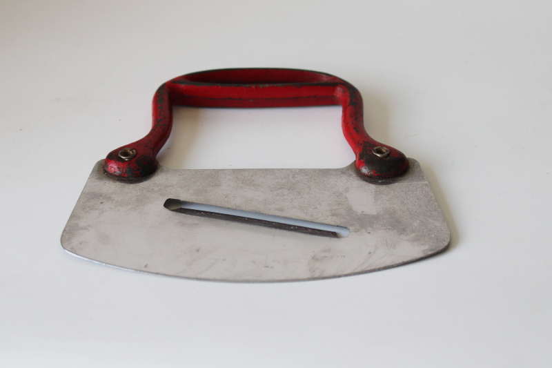 photo of 1930s 40s vintage rocking knife food chopper slicer, single stainless steel blade w/ red cast iron handle #3