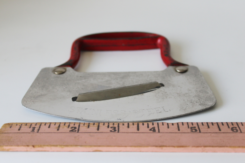 photo of 1930s 40s vintage rocking knife food chopper slicer, single stainless steel blade w/ red cast iron handle #4