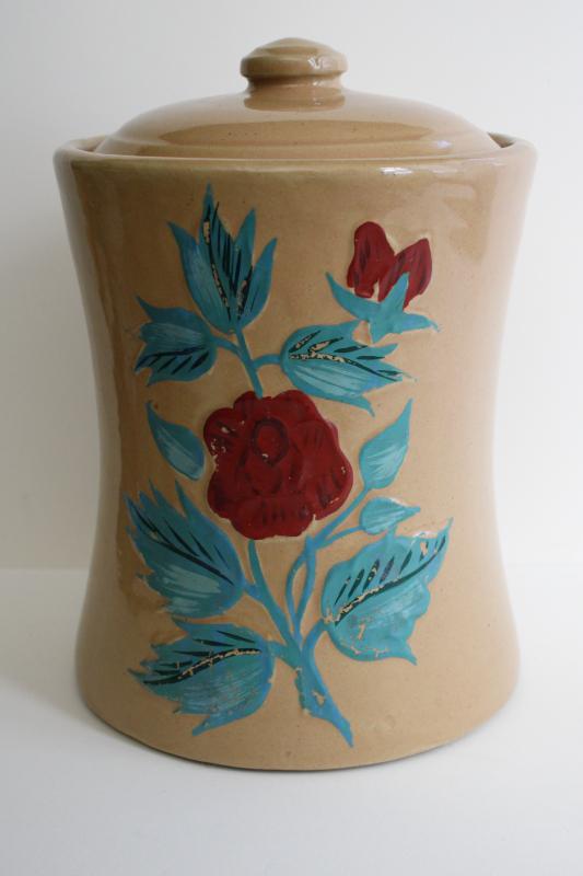 photo of 1930s 40s vintage stoneware cookie jar crock w/ painted roses, USA pottery #1