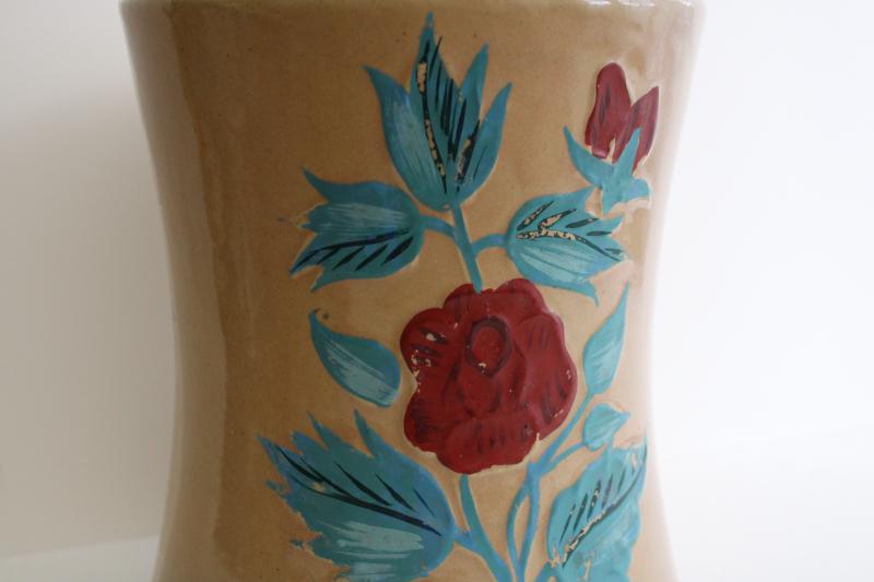 photo of 1930s 40s vintage stoneware cookie jar crock w/ painted roses, USA pottery #2