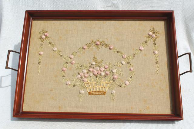 photo of 1930s 40s vintage wood tray frame w/ embroidered linen, french knots & bouillon stitch roses #1