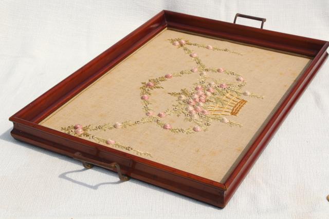 photo of 1930s 40s vintage wood tray frame w/ embroidered linen, french knots & bouillon stitch roses #3