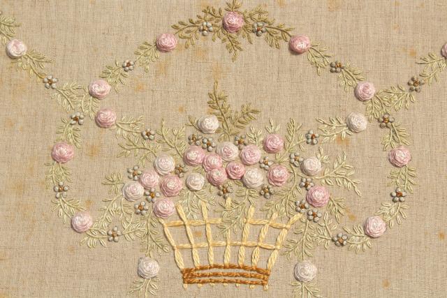 photo of 1930s 40s vintage wood tray frame w/ embroidered linen, french knots & bouillon stitch roses #4