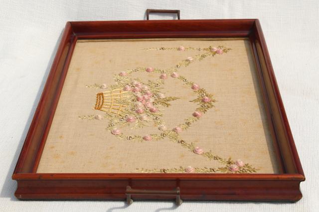 photo of 1930s 40s vintage wood tray frame w/ embroidered linen, french knots & bouillon stitch roses #6