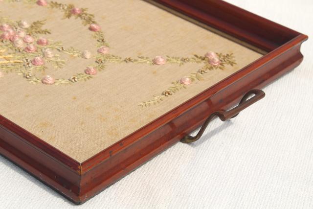 photo of 1930s 40s vintage wood tray frame w/ embroidered linen, french knots & bouillon stitch roses #7