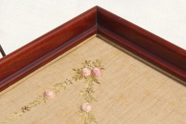 photo of 1930s 40s vintage wood tray frame w/ embroidered linen, french knots & bouillon stitch roses #8