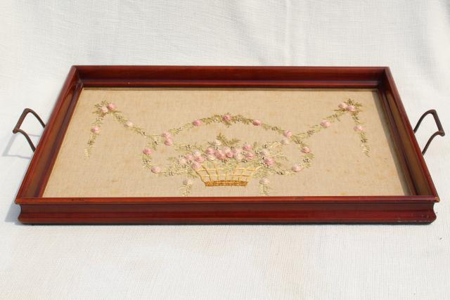 photo of 1930s 40s vintage wood tray frame w/ embroidered linen, french knots & bouillon stitch roses #9