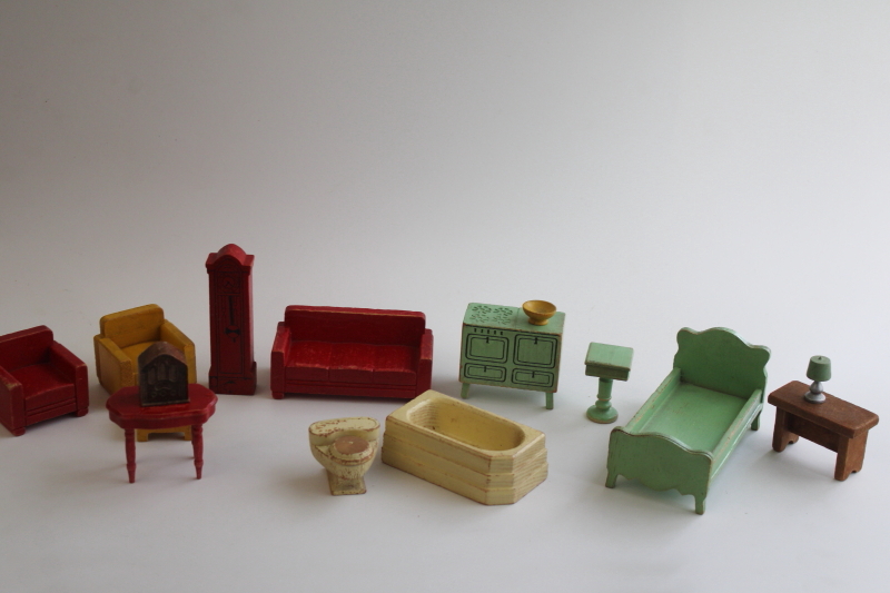 photo of 1930s 40s wood dollhouse furniture, Strombecker Kage painted wooden accessories  #1