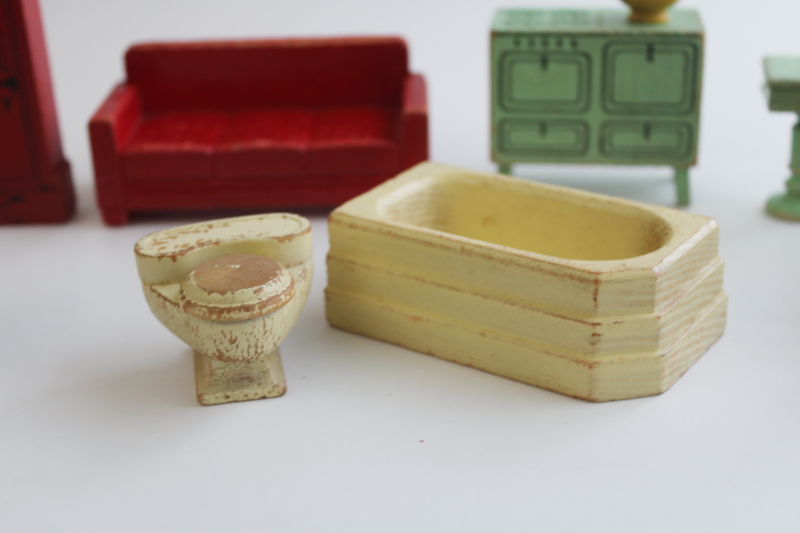 photo of 1930s 40s wood dollhouse furniture, Strombecker Kage painted wooden accessories  #6