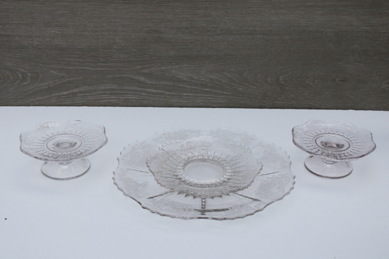 photo of 1930s Meadow Wreath Radiance etched glass serving plate, cheese & cracker tray set #1