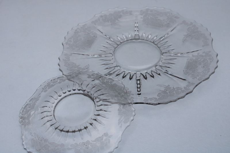 photo of 1930s Meadow Wreath Radiance etched glass serving plate, cheese & cracker tray set #3