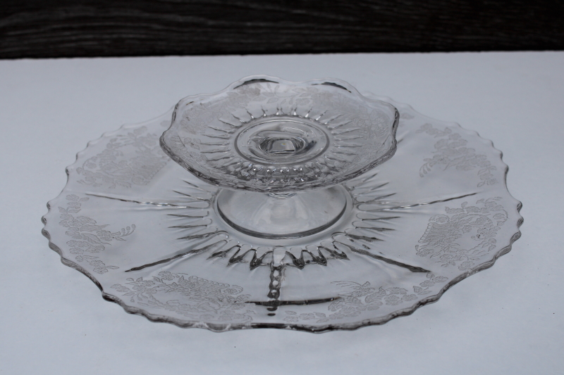 photo of 1930s Meadow Wreath Radiance etched glass serving plate, cheese & cracker tray set #4