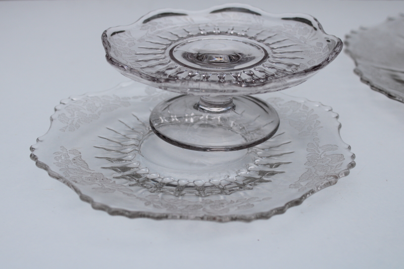 photo of 1930s Meadow Wreath Radiance etched glass serving plate, cheese & cracker tray set #5