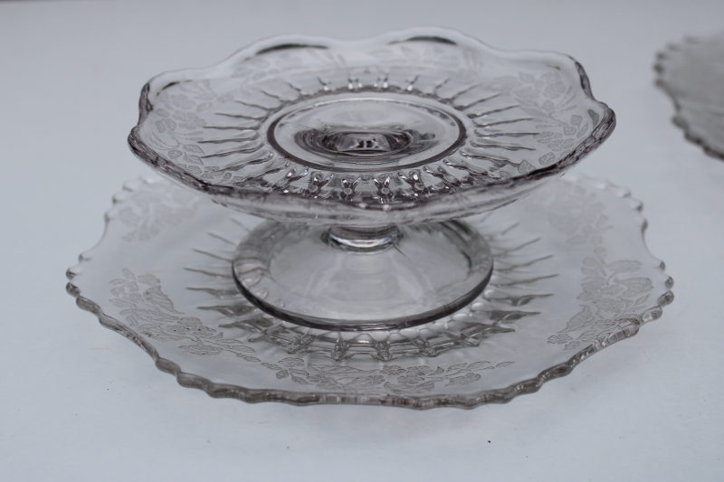 photo of 1930s Meadow Wreath Radiance etched glass serving plate, cheese & cracker tray set #6