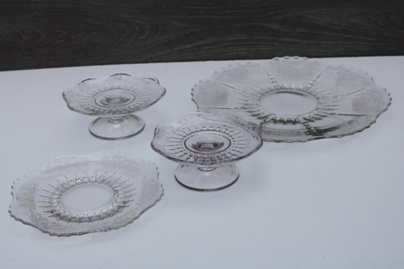 photo of 1930s Meadow Wreath Radiance etched glass serving plate, cheese & cracker tray set #8