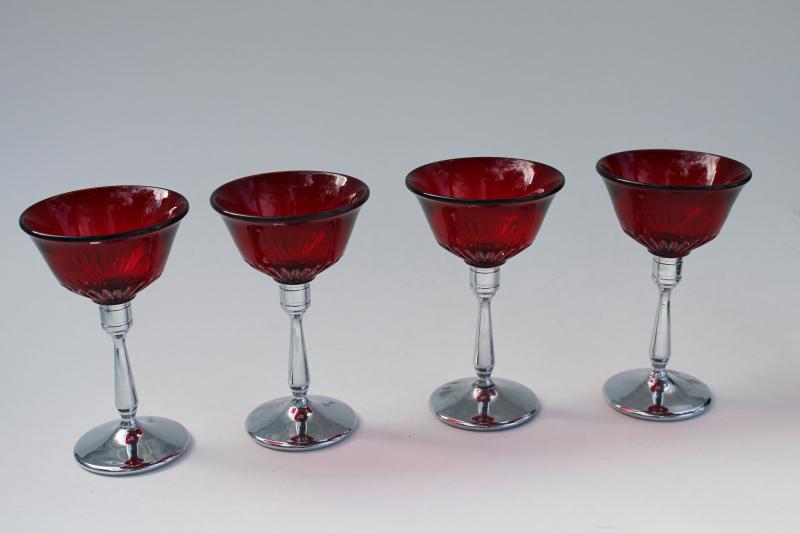 photo of 1930s New Martinsville ruby red cocktail glasses, art deco chrome stems Farberware #1