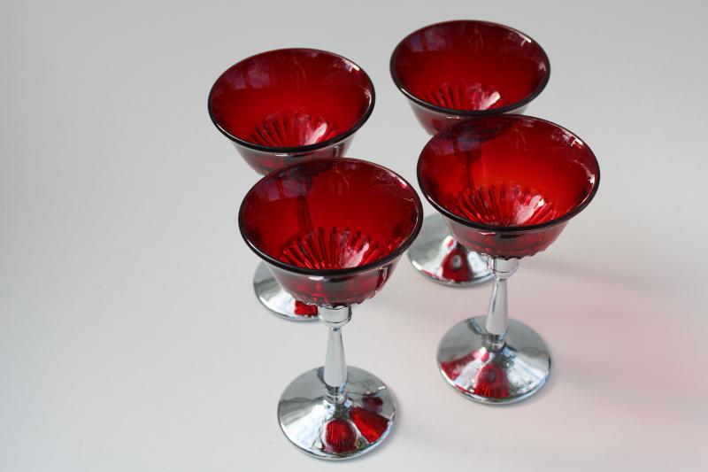 photo of 1930s New Martinsville ruby red cocktail glasses, art deco chrome stems Farberware #2