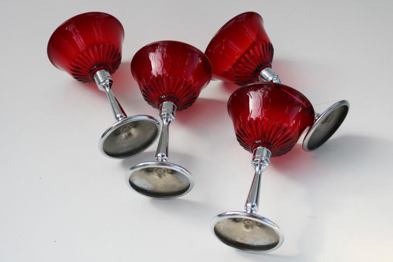 photo of 1930s New Martinsville ruby red cocktail glasses, art deco chrome stems Farberware #3