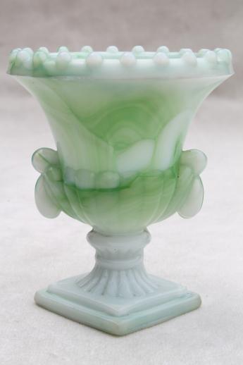 photo of 1930s Vogue glass novelty toothpick vase in jade green & milk white slag glass #1