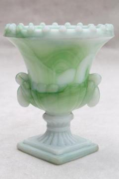 catalog photo of 1930s Vogue glass novelty toothpick vase in jade green & milk white slag glass