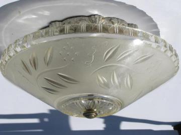 catalog photo of 1930s antique lighting, ornate iron ceiling light fixture w/ pattern glass shade