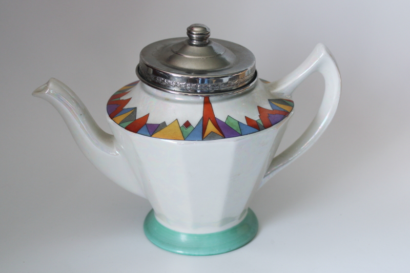 photo of 1930s art deco vintage Forman Bros Hall china teapot w/ metal lid, tea infuser #1