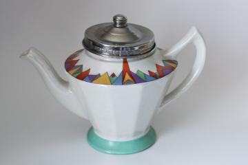 catalog photo of 1930s art deco vintage Forman Bros Hall china teapot w/ metal lid, tea infuser