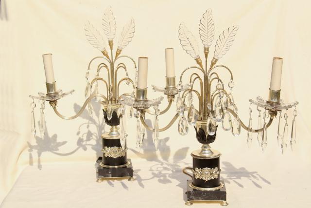 photo of 1930s art deco vintage mantel lamps w/ glass feather fleur de lis plumes and prisms #1