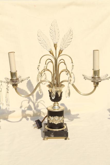 photo of 1930s art deco vintage mantel lamps w/ glass feather fleur de lis plumes and prisms #2