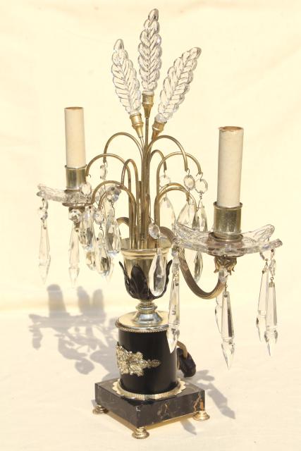 photo of 1930s art deco vintage mantel lamps w/ glass feather fleur de lis plumes and prisms #12