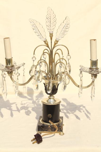 photo of 1930s art deco vintage mantel lamps w/ glass feather fleur de lis plumes and prisms #16