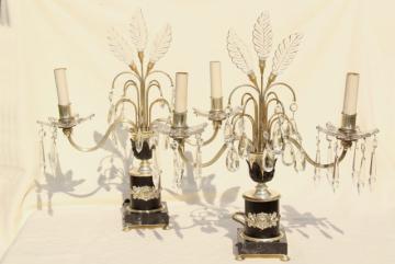 catalog photo of 1930s art deco vintage mantel lamps w/ glass feather fleur de lis plumes and prisms