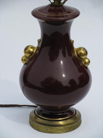 photo of 1930's art deco vintage pottery table lamp, wine-maroon color #2