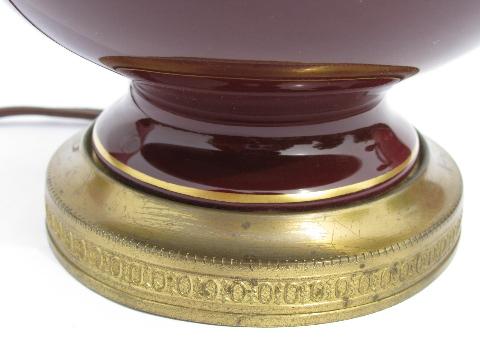photo of 1930's art deco vintage pottery table lamp, wine-maroon color #3