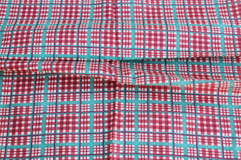 photo of 1930s cotton feed sack fabric, vintage green & barn red plaid print for holiday sewing #3