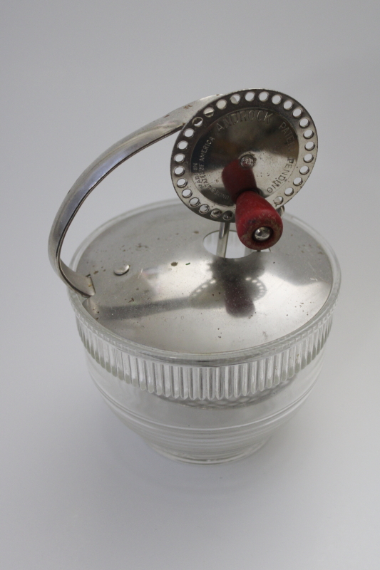 photo of 1930s deco hand crank mixer, vintage Androck egg beater & round glass bowl beater jar #1