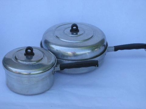 photo of 1930s deco vintage aluminum cookware, saute & sauce pans w/lids #1