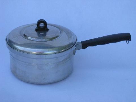 photo of 1930s deco vintage aluminum cookware, saute & sauce pans w/lids #4