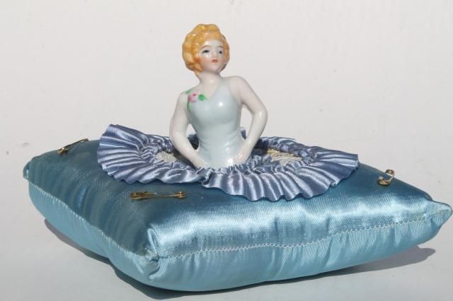 photo of 1930s deco vintage satin pincushion, boudoir half doll china lady w/ flapper bob #1