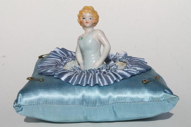 photo of 1930s deco vintage satin pincushion, boudoir half doll china lady w/ flapper bob #2