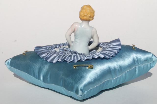 photo of 1930s deco vintage satin pincushion, boudoir half doll china lady w/ flapper bob #3