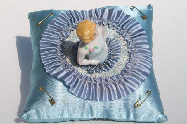 photo of 1930s deco vintage satin pincushion, boudoir half doll china lady w/ flapper bob #4