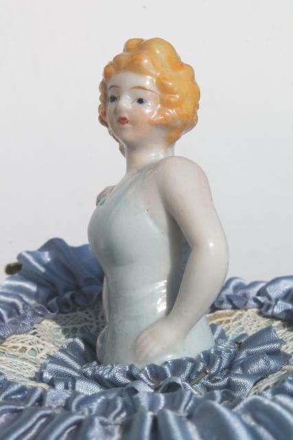 photo of 1930s deco vintage satin pincushion, boudoir half doll china lady w/ flapper bob #5