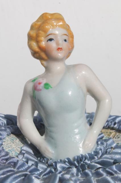 photo of 1930s deco vintage satin pincushion, boudoir half doll china lady w/ flapper bob #6